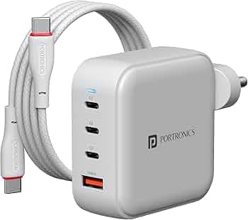 Portronics 100W Adapto 100 Pro Fast Charging Four Port Adaptor with 1.5M Type C Cable, 3 Type C PD Port, 1 USB-A Mach Port, GaN Technology, Fast Charging Compatible with Laptops, Macbooks, Smartphones