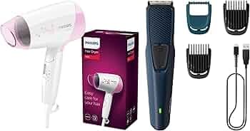 Philips HP8120/00 1200W Hair Dryer with ThermoProtect, Cool Shot, 3 Heat/Speed, Pink + BT1232/18 SkinProtect Beard Trimmer, Cordless, USB Rechargeable, Travel Lock, Black