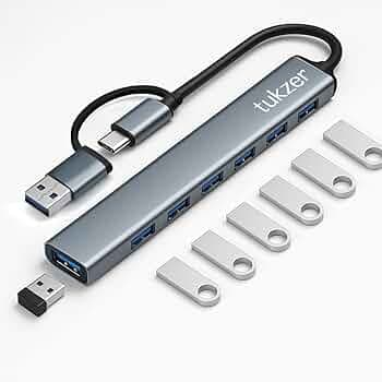 Tukzer 7 USB Multiport Adapter with Dual Convertible USB & Type C Heads 7-in-1 USB Hub, 1 x USB 3.0 & 6 x USB 2.0 Ports, 5 Gbps Data Transfer Speed for Laptop, PC, MacBook, Hard Drive,Pendrive(Grey)
