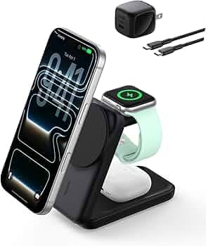 Belkin MagSafe Charger Compatible, 3-in-1 Charging Station, Qi2.2 25W Magnetic Wireless Charger Dock, Foldable Charging Stand for iPhone 17/16/15, Apple Watch, AirPods, Pixel 10 (45W Adapter