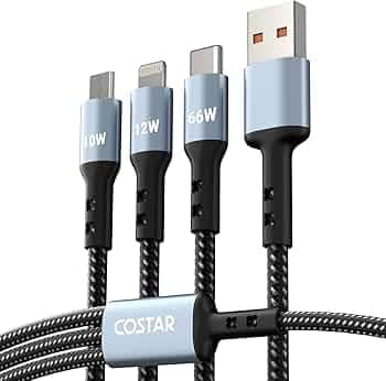 COSTAR 60W 3-in-1 Multi Fast Charging Cable – 3A Nylon Braided 1.5M Cable with Type-C & Micro USB for iPhone, iPad, Samsung, OnePlus, Xiaomi, Oppo, Vivo, Android & Car Charging (Black)