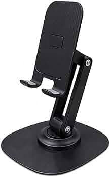 360° Rotating Mobile Stand for Desk, Height & Angle Adjustable Phone Holder, Foldable Desktop Stand for Video Shooting, Online Classes, Office Use, Compatible with 4-10 Inch Smartphones (Black)