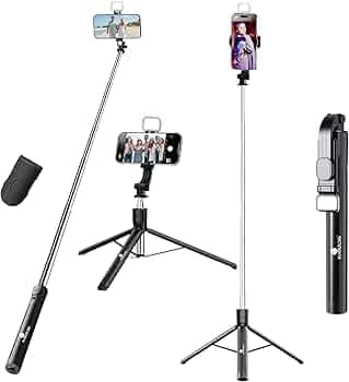 Kratos K50 Selfie Stick Tripod with Light, 67 inch/170CM Reinforced Tripod for Mobile Phone,Multi-Functional Bluetooth Long Selfie Stick for Travel,Vlogging,Compatible with iPhone and All Smartphones