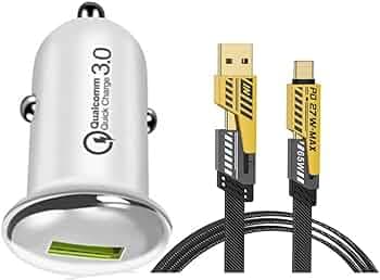 30W Car Charger for Haier Leisure L8, Haier Leisure L 8, Haier Leisure l Eight Single USB Port with 1.2m 4-in-1 Metal Flat Braided Indestructible Smartphone Multi iOS Type-C USB Cable (White, SE.U)