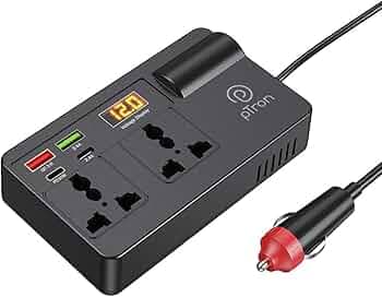 pTron PowerEdge 200W Car Laptop Charger/Car Power Inverter with 2 USB (3A & 2.4A) + 2 Type-C (30WPD & 2.4A), Smart USB Charging Ports, 12V/24V DC to 220V AC, 2X Universal AC Outlet (Black)