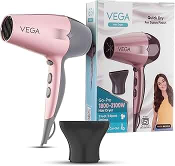 Vega Go Pro 2100W Professional Hair Dryer with Detachable Nozzle, 2 Speed & 3 Temperature Settings with Cool Shot Button for Salon-like Blow Dry, Hair dryer for Men & Women (VHDH-25)