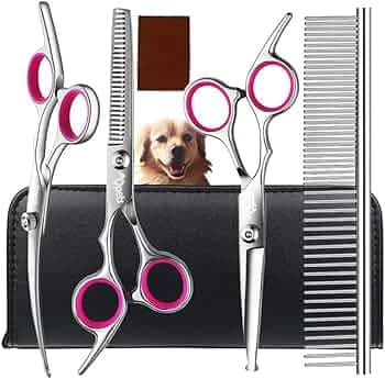 Qpets® Stainless Steel Professional Dog Grooming Shears Set - Thinning, Straight, Curved Shears and Comb for Long Short Hair for Dog Cat(4 pcs)