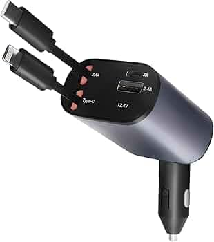 UNBREAKcable 120W 4 in 1 Retractable Car Charger,Car Phone Charger, Retractable Cables & 2 USB Ports Car Adapter for Android Phones & iPhone 17/16/15/14/13/12/11 Pro Max,Xr,Ipad & Other Smartphones