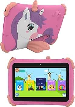 CASON 7 inch Kid Tablet for Study 5-12 Years Age,4GB+32GB Android Tab for Kids,Mini Tablet with Shockproof Case,FHD Eye Comfort Display,Parental Control, Games & Education for Boys, Girls (Pink)