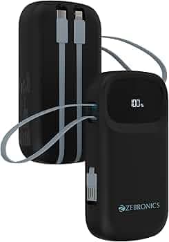 ZEBRONICS 10000 mAh Power Bank, Compact Design, 22.5W Fast Charging, Built-In (Type-C & Lightning Cable) Type-C Port, LED Percentage Indicator, For All Mobiles, Tablet, Earbuds, EnergiTank 10R2(Black)