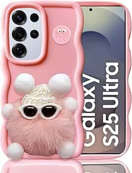 KC Back Cover for Samsung Galaxy S25 Ultra 5G - 3D Big Wave with Cute Specs Pink Fur Ball Character Camera Protection Case (Pink)