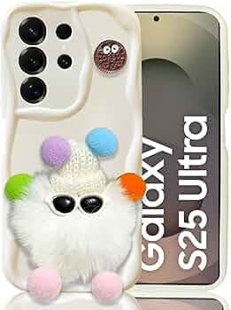 KC Back Cover for Samsung Galaxy S25 Ultra 5G - 3D New Curly Wave Cartoon Fur Ball Specs Character Soft Silicone Case with Camera Protection (White)