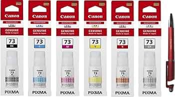 Canon 73 B/C/Y/M/R/GR Ink Bottles with ITGLOBAL 3in1 Multi-Function Mobile Phone Stand, Stylus Pen, Anti-Metal Texture Rotating Ballpoint Pen (Very Colors) GI-73 Gi 73 Gi73