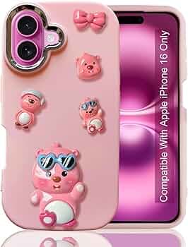 KC Back Cover for iPhone 16 - Electroplated Crome Metal Ring Soft Silicone with Cartoons Character Duo Specs Full Camera Protection Shockproof Bumper Case (Pink)