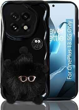 KC Back Cover for OnePlus 13 5G - 3D New Curly Wave Cartoon Fur Ball Specs Character Soft Silicone Case with Camera Protection (Black)