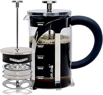 Cafe JEI French Press Coffee and Tea Maker 600ml with 4 Level Filtration System, Heat Resistant Borosilicate Glass, (Steel, 600ml)