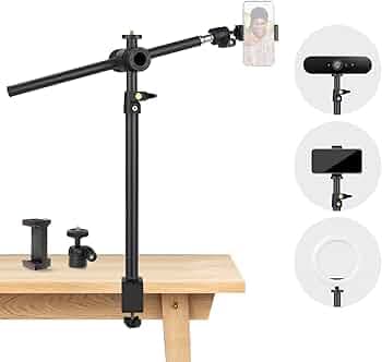 Overhead Camera Mount Desk Stand, Camera Arm Desk Mount Clamp Stand with 360°Adjustable Magic Arm, Webcam Arm Mount Stand w Ballhead Phone Mount for Desk Logitech Microphone Video Light Cell Phone