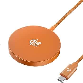 Ambrane 25W Qi2.2 Magsafe Wireless Charger, Fastest Wireless Charging - Charge 50% in 30 mins, New Qi2.2 Certified Technology, iPhone 12 to 17 All Models & Android Wireless devices (AerosynQ 2,Orange)