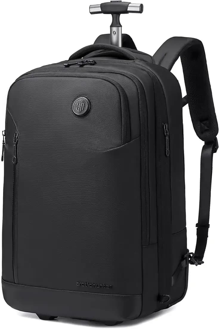 Arctic Hunter Trolley Backpack Expandable 52L Multiple Pockets Business Trolley Bag with 2 Wheels Aluminum Rolling Laptop Bag Stylish Suitcase for Business Travel Water Resistant Black