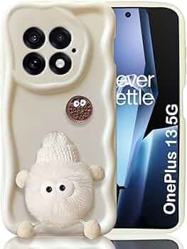 KC Back Cover for OnePlus 13 5G - 3D New Curly Wave Cartoon Fur Ball Specs Character Soft Silicone Case with Camera Protection (White)