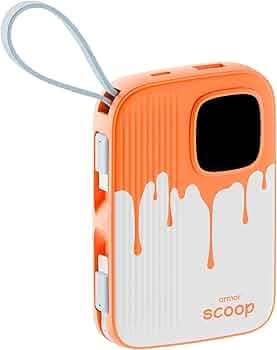 Armor Scoop Power Bank 10000mAh Fast Charging 22.5W | 2 Built-in Cables | 2 Output Ports | Type C Input & Output | Supports Android, Apple, Tablets, Earbuds, Watch | 5 Layer Protection (Orange Burst)