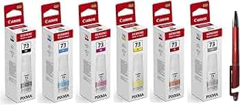 Canon 73 B/C/Y/M/R/GR Ink Bottles Pixma G570 G670 Printer with ITGLOBAL 3in1 Multi-Function Mobile Phone Stand, Stylus Pen, Anti-Metal Texture Rotating Ballpoint Pen (Very Colors),MULTI-COLOR PACK