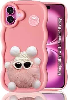 KC Back Cover for iPhone 16-3D Big Wave with Cute Specs Pink Fur Ball Character Camera Protection Case (Pink)