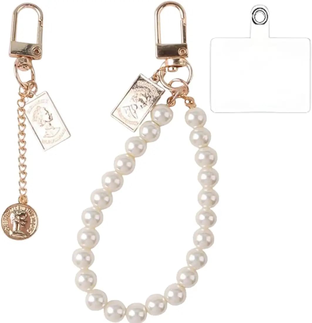TWINZEN Universal Mobile Phone Chain | Pearl Charms For Mobile Phone Beads | Personalized Purse Charms | Lanyard Wrist Strap | Smartphone Case Keychain For Girls Women, White Keychain