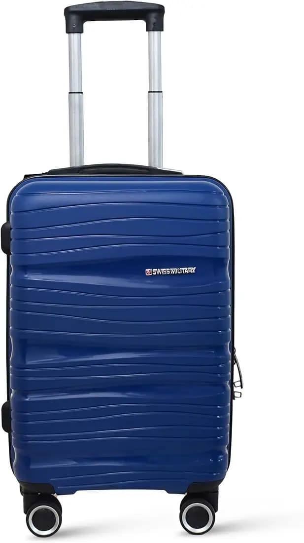 SWISS MILITARY Swirl 55cm Textured Hard-Top Cabin Trolley Bag, Lightweight Premium PP Business Suitcase Bag with 360° Wheels, 3 Dial Combination Lock, Rubber Feet & 42L Storage Bag - Navy
