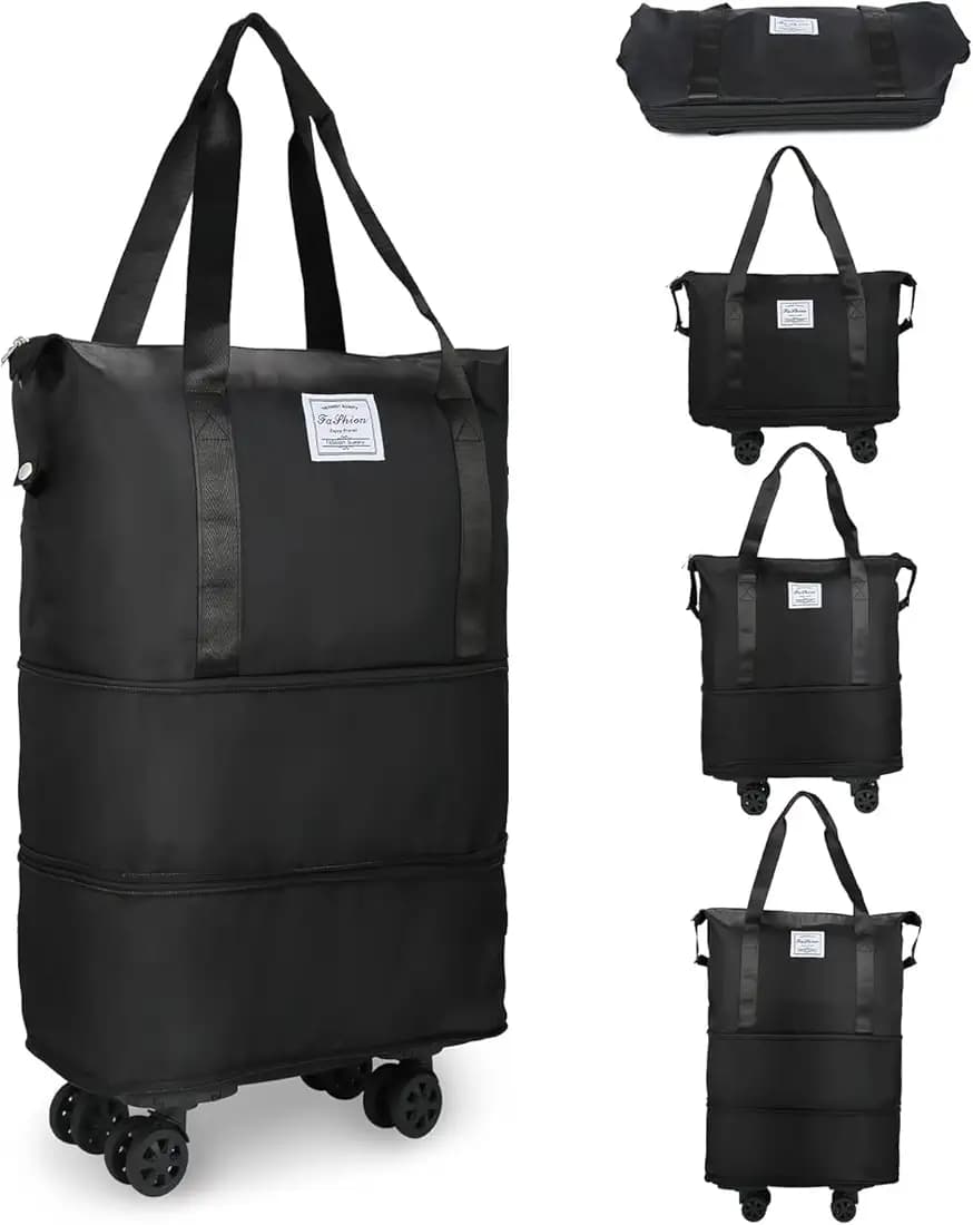 HAKKU Travel Duffle Bag with Wheels- Foldable, Expandable, Extendable Trolley with 4 Detachable 360° Wheel, Waterproof Luggage for Men & Women (2 Layer with Wheel, Black)