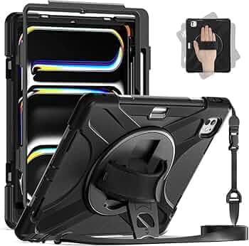 Sturdy and Durable Shockproof Protective Cover with 360°Rotating Hand Strap, Kick Stand Hybrid Desk Stand Case Cover for iPad Pro 13 (2024) 13.0" - Black