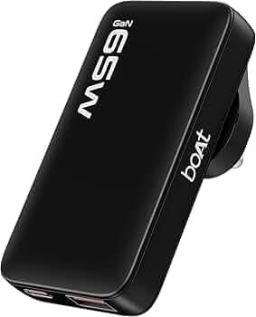 boAt 65W GaN Nano Charger, Fast Charging PD, PPS & QC 3.0 in Ultra-Slim Body,Foldable US Flat Pins & Snap-On Indian Round-Pin; GaN Chip Tech; USB-C & USB-A Output, Free Type-C to C Cable(Carbon Black)