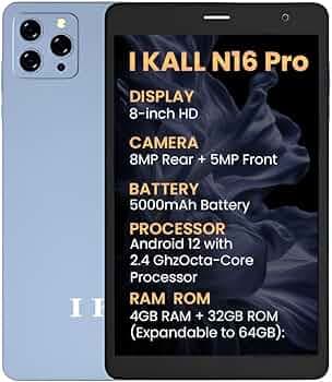 IKALL N16 Pro Smart Tablet – 8 Inch HD Display, Octa Core Processor, 4GB RAM + 32GB ROM, Android 12, 4G Voice Calling, Long-Lasting 5000mAh Battery (Blue)