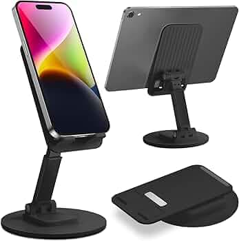Aluminum Alloy Mobile Phone Stand 360° Rotation Height and Angle Adjustable Cell Phone Stand for Desk Office Foldable Desktop Phone Holder for Smartphone
