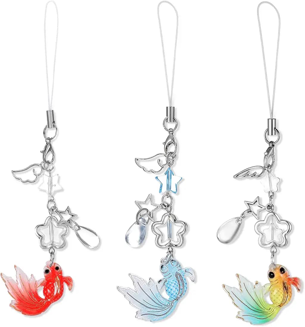 3Pcs Cute Phone Charm Mobile Koi Star Pendant Decor Detachable Anti Theft Strap Decorative Charm for Camera Bag Cellular Telephone Case Suitable for Keychain Backpack Wallet Decoration Women Girl