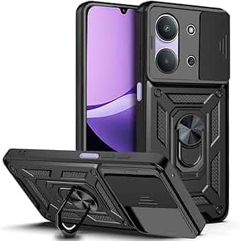 AIBEX® Back Cover Compatible for Redmi 15C 5G / Poco C85 5G | D10 Tough Armor Case | Sliding Camera Shield | 360° Protection | Kickstand Ring Holder | Military-Grade Bumper Case - Black