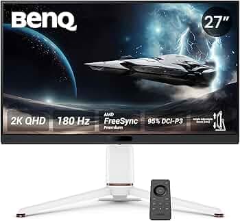 BenQ MOBIUZ EX271Q 27” (68.58 cm) 2K QHD 180Hz Gaming Monitor, 1ms GtG, AMD FreesSync Premium, DP 1.4, HDMI 2.0, 65W USB-C, 95% P3, Height Adjust, KVM, AI Color Adjustment, Remote Controller (White)