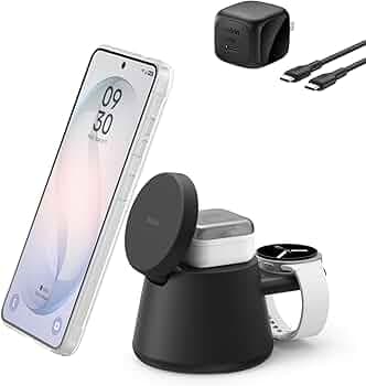 Belkin 3-in-1 Wireless Charging Station for Samsung, Android - Qi2.2 25W Magnetic Charger for Galaxy S26, Pixel 10, iPhone 17, USB C Port for Galaxy, Pixel, & Apple Watch (Watch Charger Not Included)