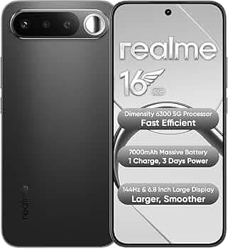 realme 16 5G Smartphone 8+128GB Air Black, 7000mAh Massive Battery + 60W Fast Charging, 120Hz Refresh Rate + AMOLED Smooth Display, 50MP AI Camera System, Dimensity 6400 Turbo Processor, IP69.