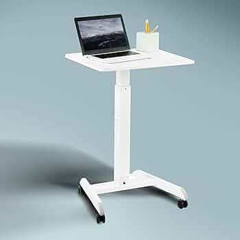 JIN OFFICE Ergonomic Height Adjustable Laptop Desk| 1 Year Warranty| Sit Stand Table with Lockable Wheels| Standing Desk for Home Office| Thick Column and Wide Steel Base| Spacious MDF top| White