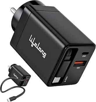 Lifelong Electronics Travel Adapter Gan Fast Charger | 50W (25W Tangle-Free Retractable Type-C Cable + 25W Type C Port) | 18W USB A Port | for iPhone, iPad, Samsung, Nothing and All Phones & Tablets