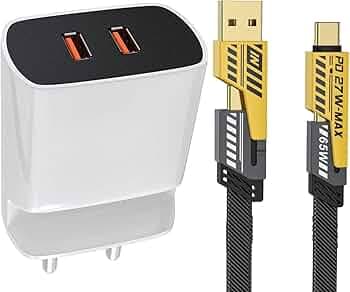 48W Mobile Charger for Op-po Find X Dual USB Port High Speed Turbo Charge QC 3.0 Smart with 1.2m 4-in-1 Metal Flat Braided Indestructible Multi Cable iOS Type-C USB Cable (White, Stand, SE.C)