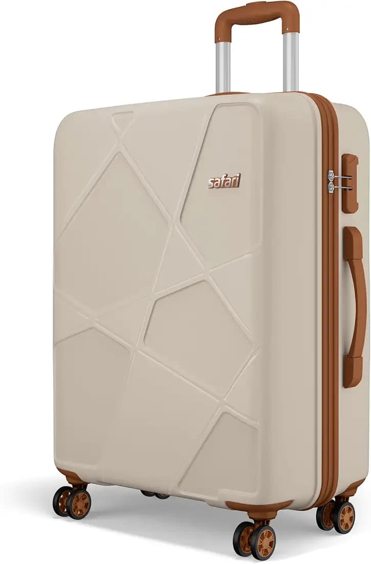 Safari Pentagon Pro 8 Wheels 75cm Large Size Trolley Bag, Hard Case Polypropylene, 360º Wheeling Check in Luggage, Suitcase for Travel, Trolley Bags for Travel, Luxury Beige