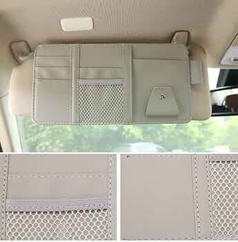 Car Accessories Sun Visor Organizer, Sunglass Pen Card Small Document Storage Pouch Holder, Pu Leather, Multi-Pocket With Zipper Net (Grey, automobiles)