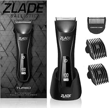 Zlade Ballistic TURBO 3.0 Full Body Manscaping Trimmer for Men | Body, Private Parts, Beard | IPX7 Waterproof | 90 Mins Runtime | 2 in 1 USB C or Wireless Charging Stand | Battery Indicator Display
