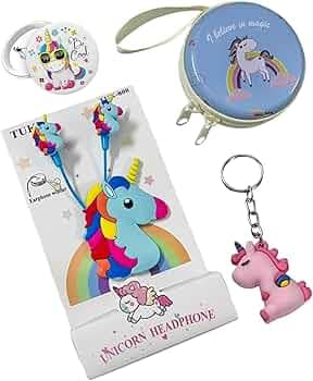 Le Delite Unicorn Earphones for Girls Kids I Cartoon Headphones Wired Earbuds for Computer Android Noise isolating Buds (no mic) I Plug in with Big Bass Sound (Combo (Earphones+case+Keyring+Badge))
