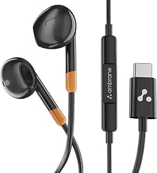 Ambrane Wired Type C in Ear Earphones with in-line Mic for Clear Calling, 1.2M Cable, 14mm Dynamic Drivers for BoostedBass, Multi-Functional Controller for Type C Enabled Mobiles (Stringz 02, Black)