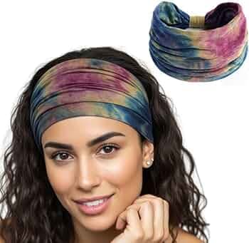 XFYT Boho Chic Tie-Dye Workout Hair Bands | Sweat-Proof Your Gym Fitness Soft Wide Head Band Running Yoga Sports Bandana for Girls Women (Mix Boho), Multi-coloured, Microfiber
