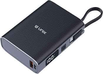 UNIX UX-1515 10000mAh Power Bank | 35W PD Fast Charging | Compact Li-Polymer Battery with Digital Display | Type-C, Lightining Cable, USB-A Compatible for Android & iOS - Black