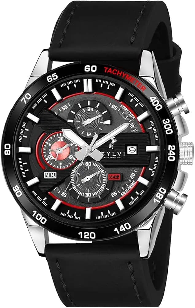 Sylvi Timegrapher Red Luxury Business Casual Party-Wear Leather Strap Chronograph Date Display Watch for Men | Working Chronograph Watch for Men - 556 Red Leather